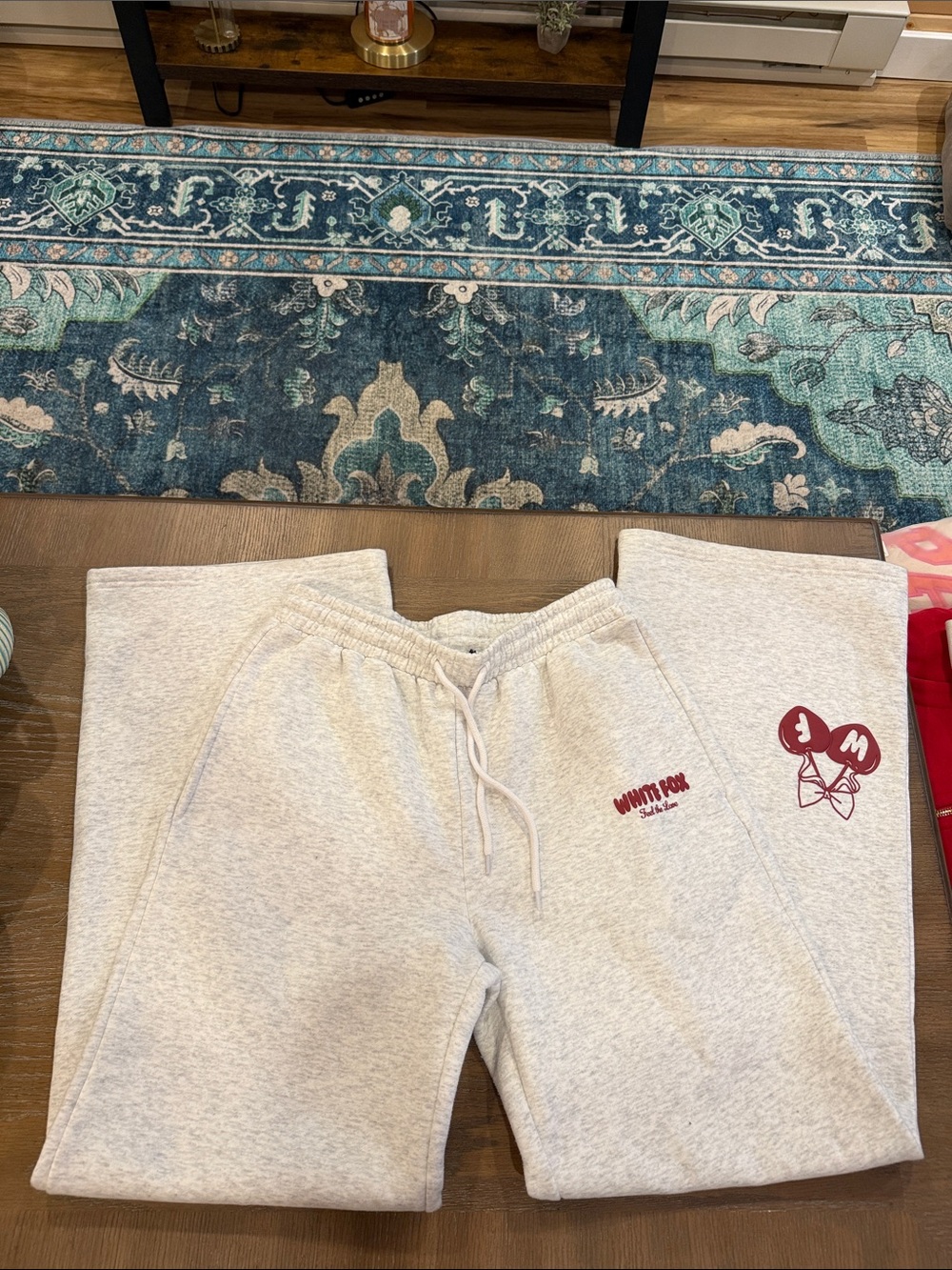 Light Gray women’s White fox Sweatpants with Red Graphic Detail